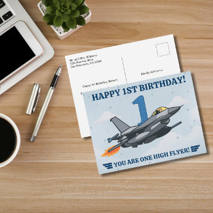 Cartão Postal Avião de combate Time Flies Jato Avião Menino Prim
