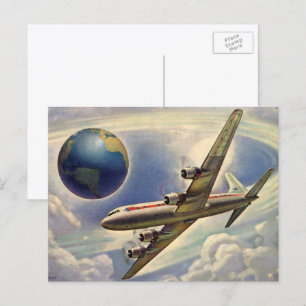 Cartão Postal Avião Vintage Voando ao redor do mundo em nuvens