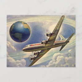 Cartão Postal Avião Vintage Voando ao redor do mundo em nuvens