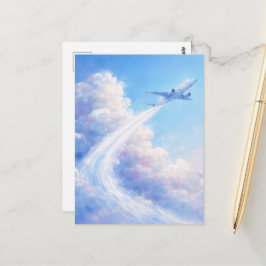 Cartão Postal Avião Voando Alto - Estilo de Pintura em Pastel