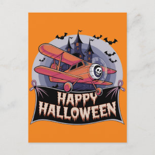 Cartão Postal Avião voando sobre uma faixa de feliz halloween 