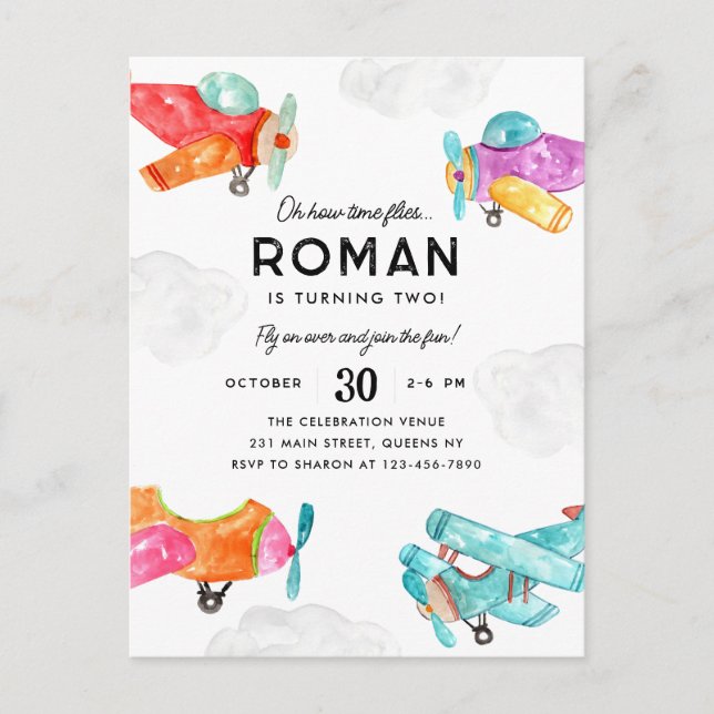 Cartão Postal Aviões de Aquarela Nuvens Céu Avião Criança Aniver (Frente)