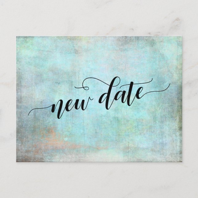 Cartão Postal Aviso de Casamento Adiado Grunge Aqua "Nova Data" (Frente)