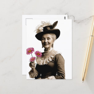 Cartão Postal Avó Vintage Sorridente Com Flores Rosa