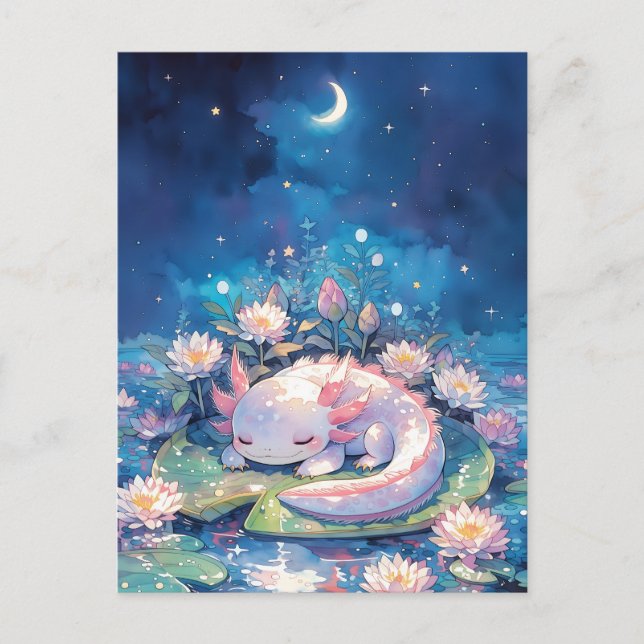 Cartão Postal Axolote Adormecido Aquarela Lua Crescente (Frente)