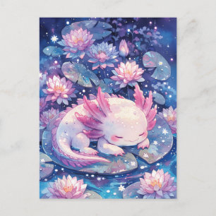 Cartão Postal Axolote Dormente em Aquarela Rosa Iridescente