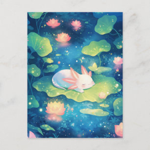 Cartão Postal Axolotl Branco Adormecido em Lagoa Mágica de Lírio