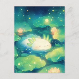 Cartão Postal Axolotl Branco Adormecido em Lagoa Mágica de Lótus