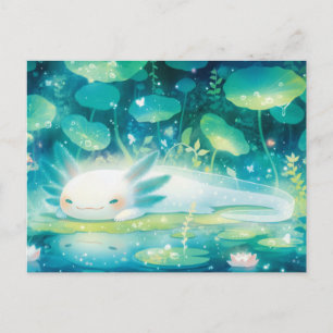 Cartão Postal Axolotl Branco Descansando em Lagoa Teal Mágica