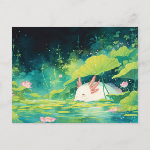 Cartão Postal Axolotl Branco Dormindo em Lago Tropical Mágico