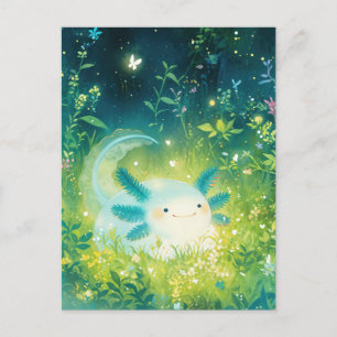Cartão Postal Axolotl Branco em Jardim Mágico Noturno Reluzente