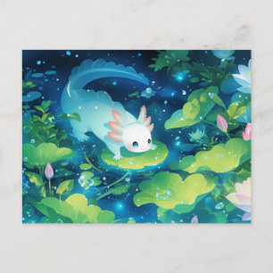 Cartão Postal Axolotl Branco em Lagoa Mágica de Lírios Noturnos