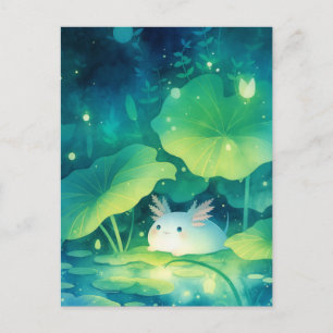 Cartão Postal Axolotl Branco em Lagoa Mágica de Lírios Noturnos