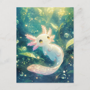 Cartão Postal Axolotl Branco Nadando no Jardim de Água Mágico