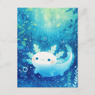 Cartão Postal Axolotl Branco Nadando no Oceano Azul Profundo e B