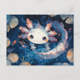 Cartão Postal Axolotl de Manchas Brancas Nadando em Lagoa Azul