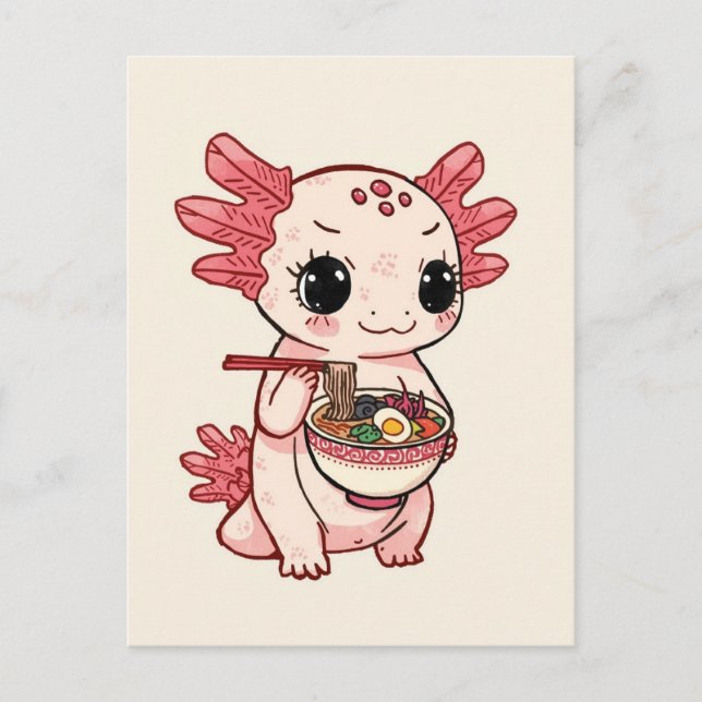 Cartão Postal Axolotl fofo da moda comendo ramen japonês  (Frente)