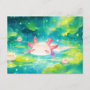 Cartão Postal Axolotl Rosa Nadando em Lagoa de Flor de Lótus Ens