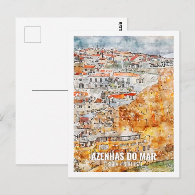 Cartão Postal Azenhas do mar Lisboa Viagem Place Watercolor (Frente/Verso)
