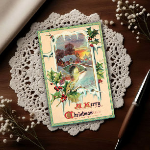 Cartão Postal Azevinho de Natal Vintage 1910