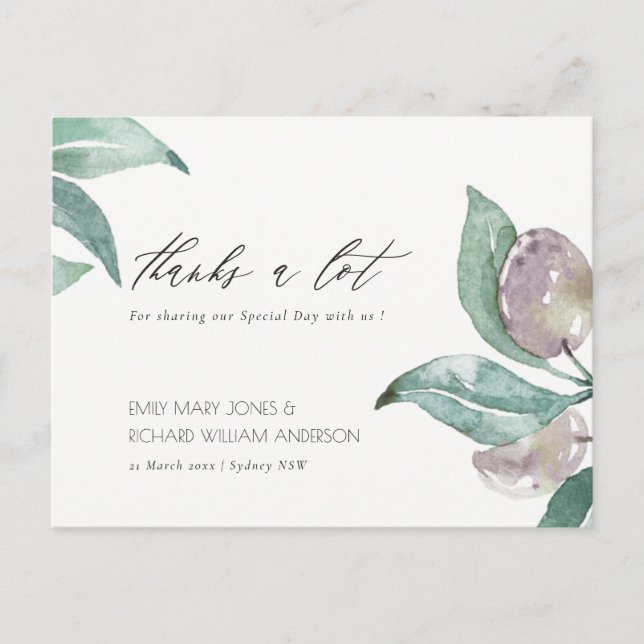 CARTÃO POSTAL AZUL AQUA GREEN WATERCOLOR FOLIAGE OLIVE OBRIGADO (Frente)