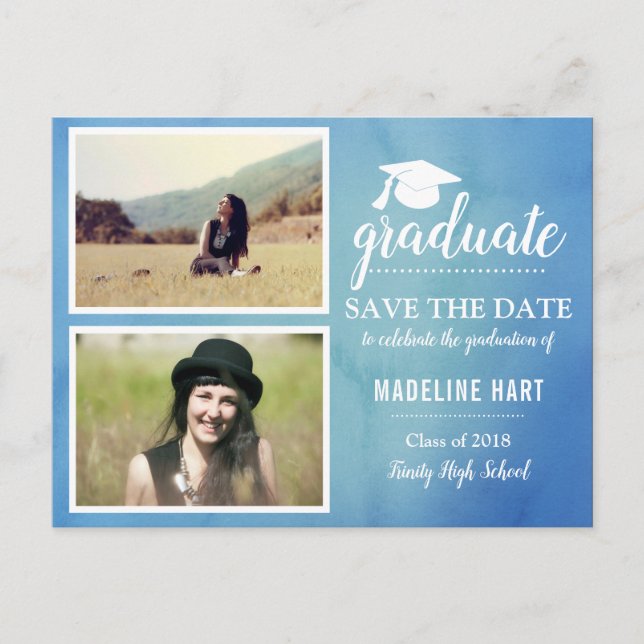 Cartão Postal Azul Aquarela | Formando | Salvar A Foto Da Data (Frente)