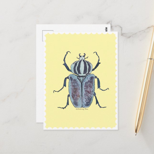 Cartão Postal Azul - Beetle Watercolor (Frente/Verso In Situ)