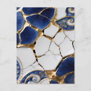 Cartão Postal Azul Branco Ouro Kintsugi Porcelana Mosaico