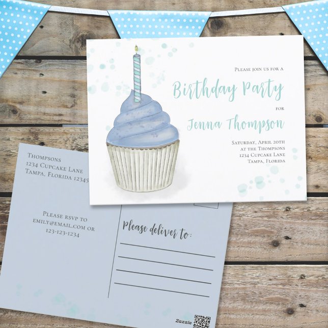 Cartão Postal Azul-Cáudia-Cupcake Branco-Cinto-Branco Aniversári (Criador carregado)