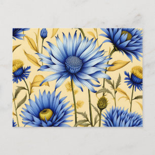 Cartão Postal Azul de Centáurea e Floral Amarelo Vintage