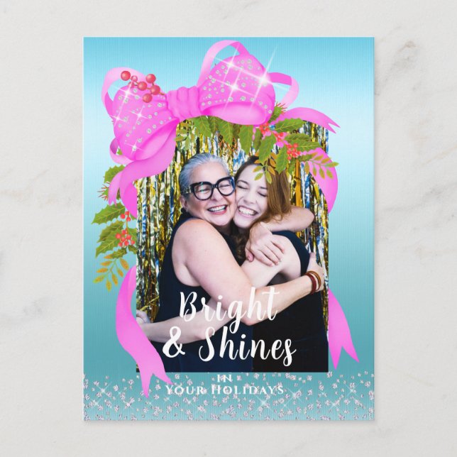 Cartão Postal Azul de Natal com Fita Rosa Glittering (Frente)