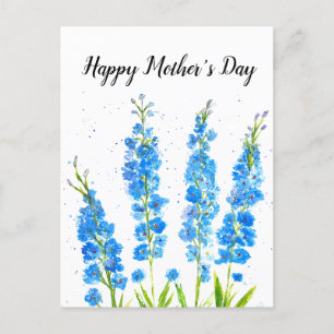 Cartão Postal Azul delfinium floral aquarela elegante