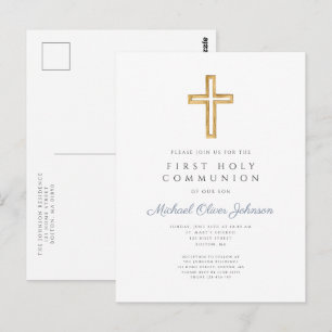 Cartão Postal Azul Desbotado Cruz Menino Religioso Primeira Comu