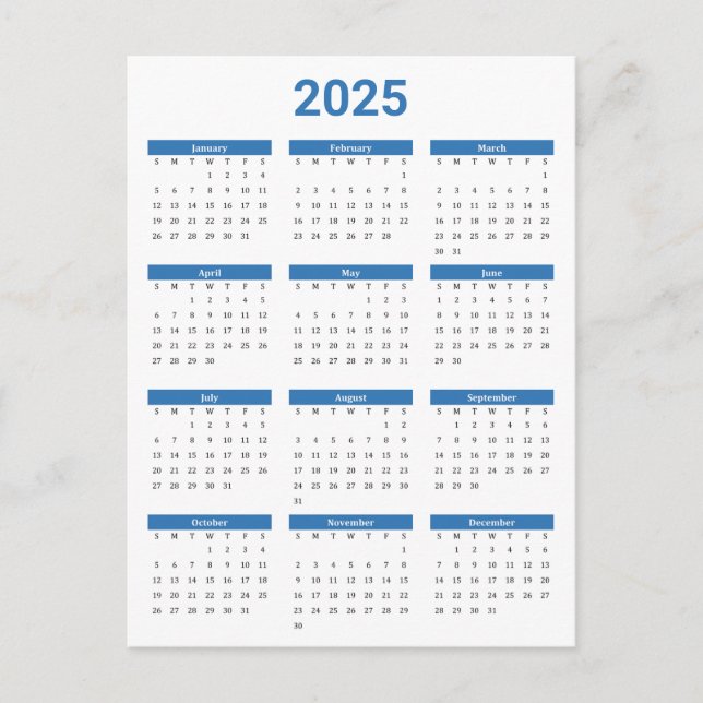 Cartão Postal Azul e Branco 2025 - Calendário geral (Frente)