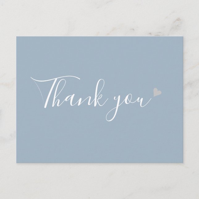Cartão Postal Azul Empoeirado Coração de Prata Script Agradecime (Frente)