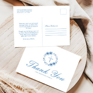 Cartão Postal Azul Empoeirado Floral Cruz Cristã Obrigado