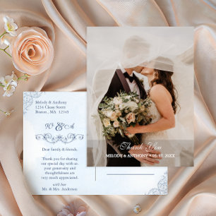 Cartão Postal Azul Empoeirado Foto Casamento Agradecimento