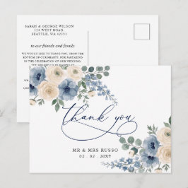 Cartão Postal Azul Empoeirado Marfim Bege Floral Moderno Obrigad