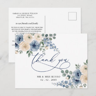 Cartão Postal Azul Empoeirado Marfim Bege Floral Moderno Obrigad