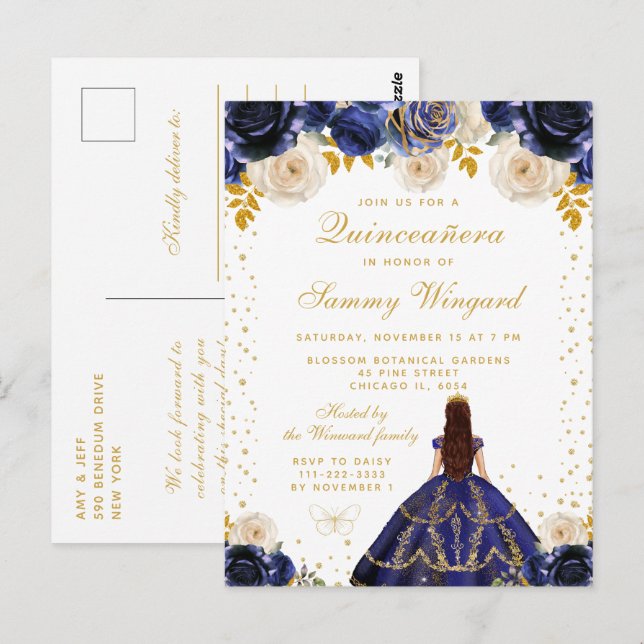 Cartão Postal Azul Escuro Floral Quinceañera Princesa (Frente/Verso)