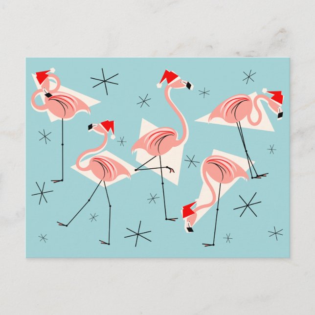 Cartão postal azul Flamingo Santas (Frente)