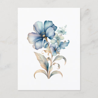 Cartão Postal Azul Flor Floral Ilustração Mínima Design