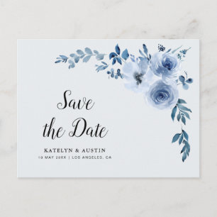 Cartão Postal azul floral salvar a data
