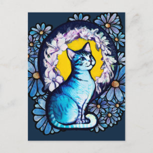 Cartão Postal Azul Gato Halo Mucha Estilo Floral
