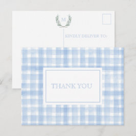 Cartão Postal Azul Gingham Laurel Crest Obrigado