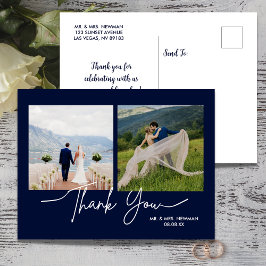 Cartão Postal Azul Marinho Casual Script Foto Casamento Obrigado