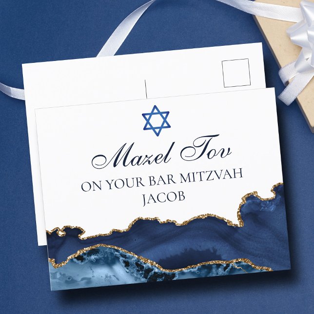 Cartão Postal Azul Marinho Dourado Bar Mitzvah Personalizado Maz (Criador carregado)