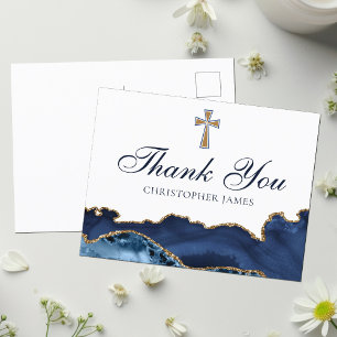 Cartão Postal Azul Marinho Dourado Cruz Cristã Personalizada Obr