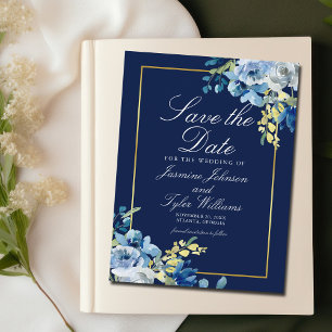 Cartão Postal Azul Marinho Dourado Floral Elegante
