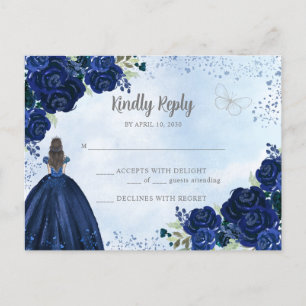 Cartão Postal Azul Marinho Floral Princesa Quinceañera RSVP
